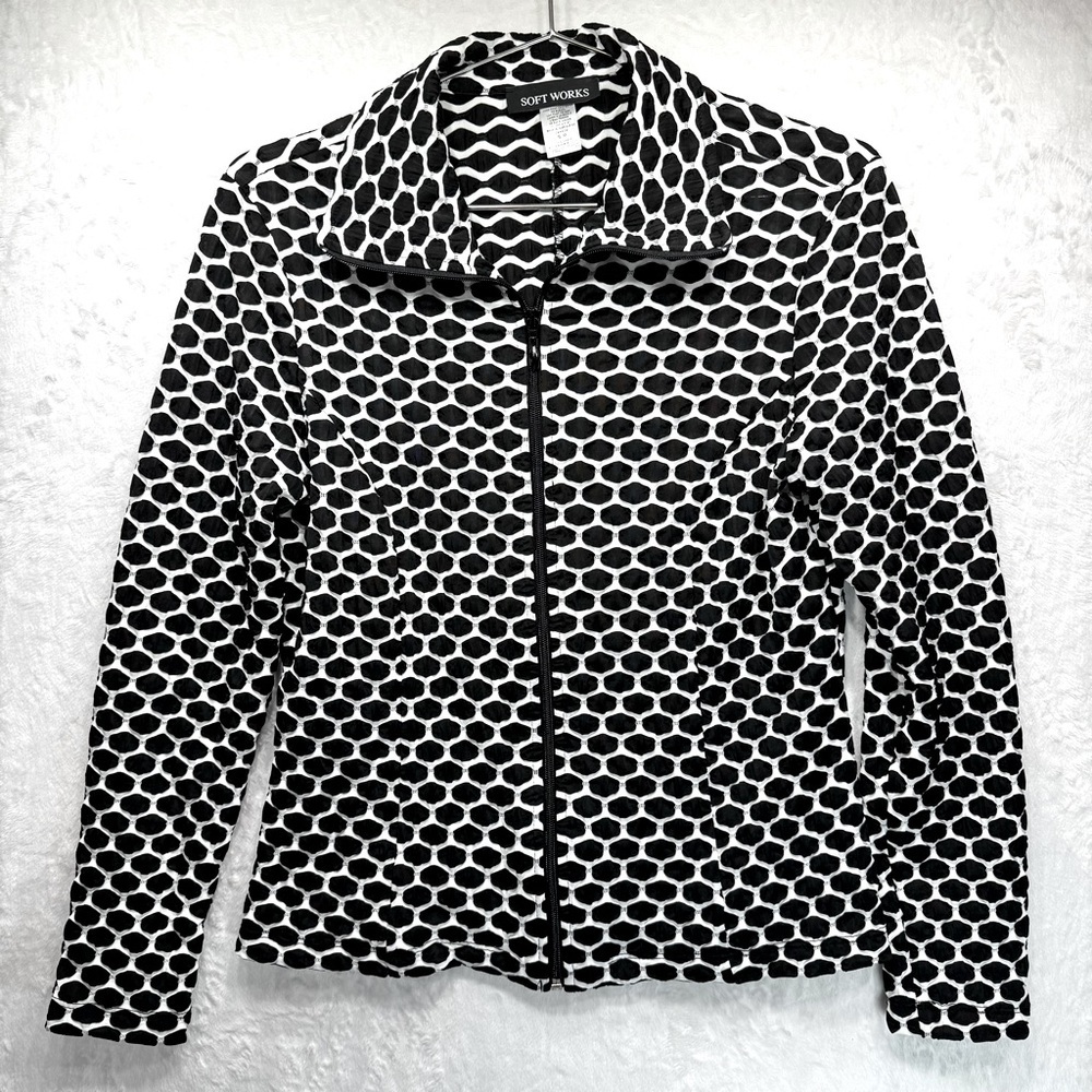 Black & White Crinkle Long Sleeve Zip Front Lightweight Jacket Athleisure Small